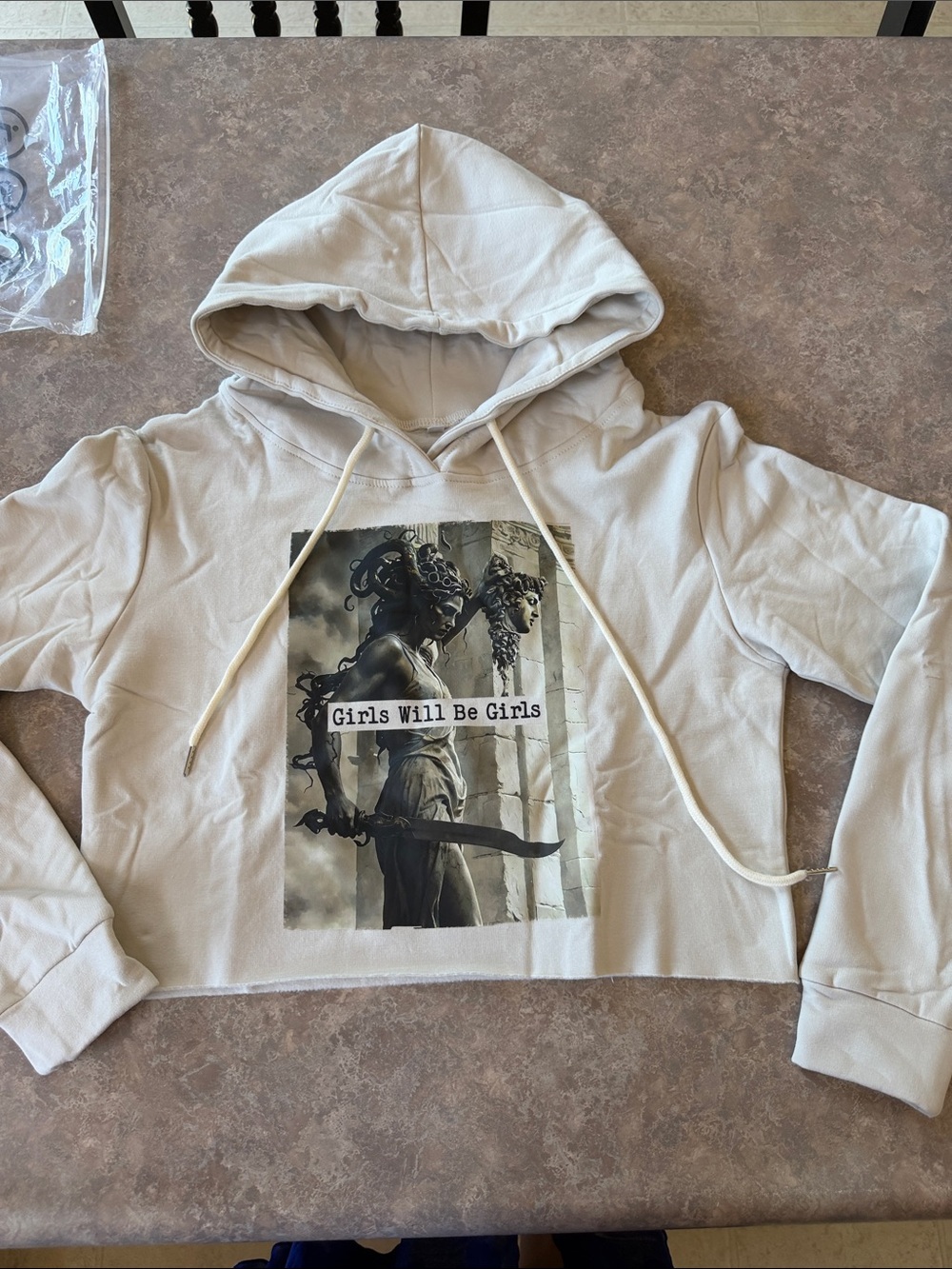 Beige Graphic Cropped Hoodie "Girls Will Be Girls"